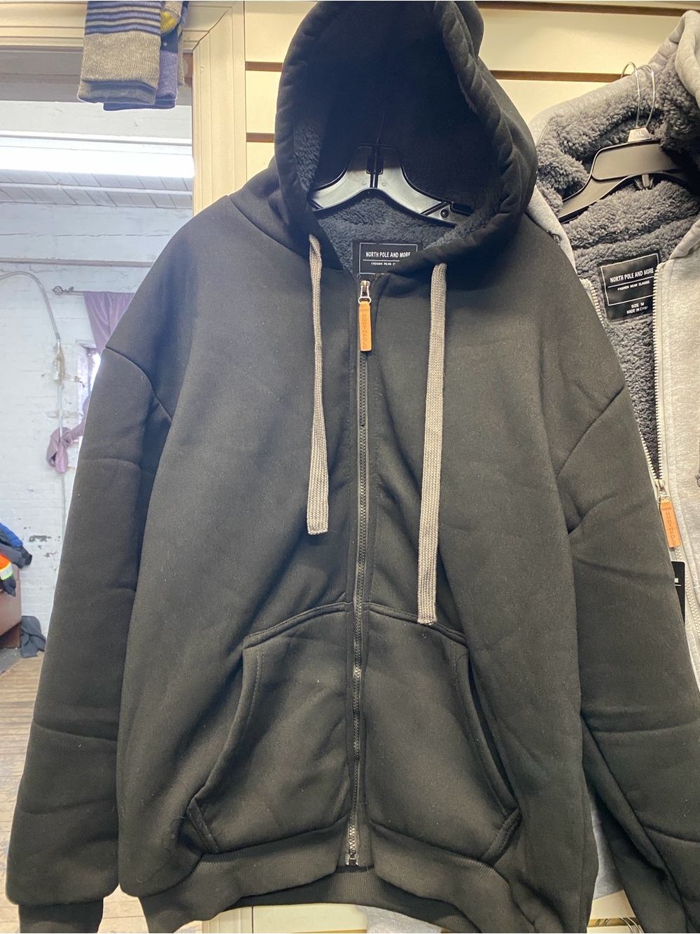 Heavyweight Black Hooded Zip-Up Sherpa Lined Jacket with Contrast Drawstrings